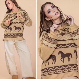 Women's Boutique Equestrian Horse Pattern Oversized Sweater Size Large NWT